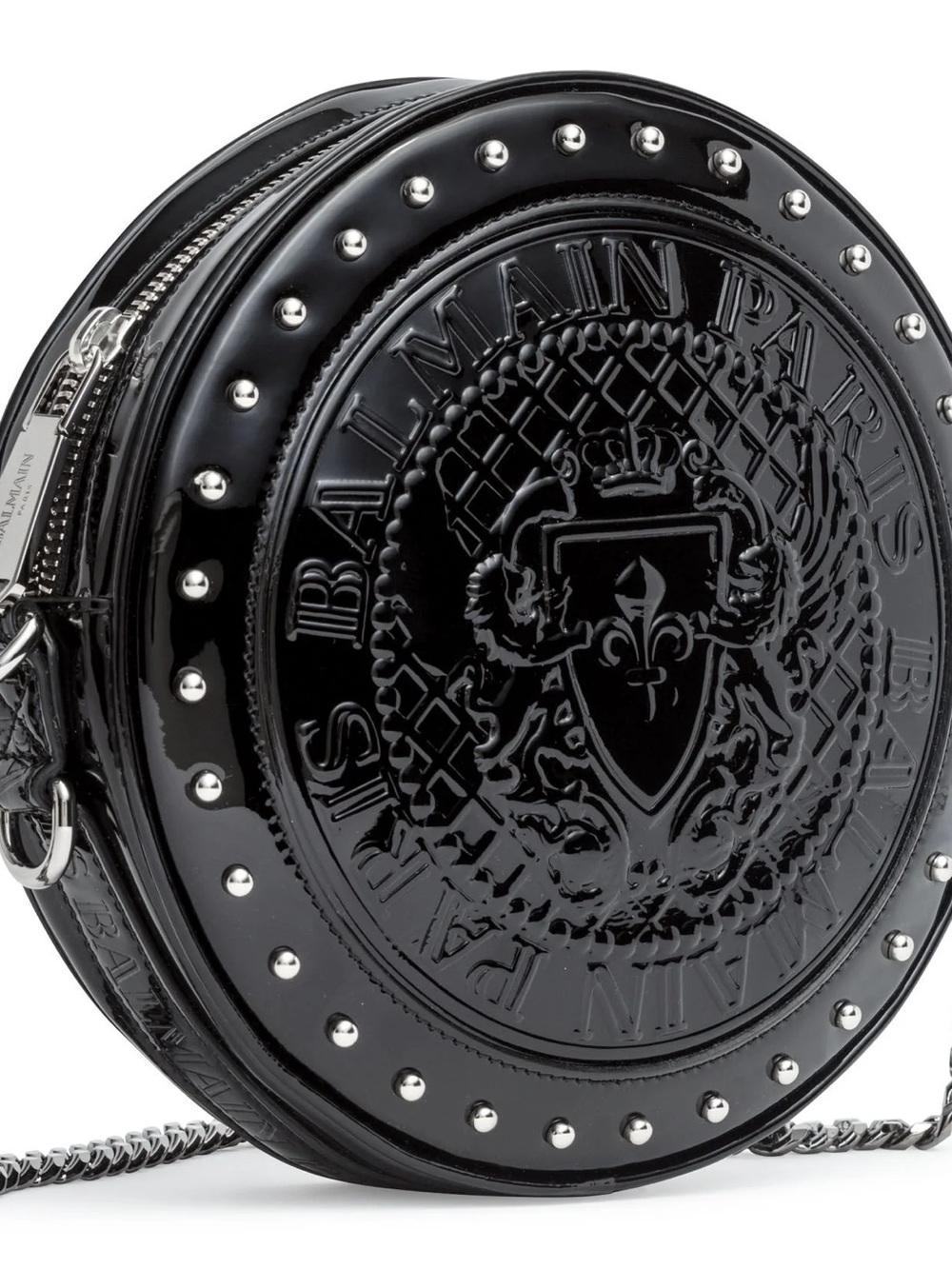 Balmain Black Patent Leather Round Studded Crossbody disco bag